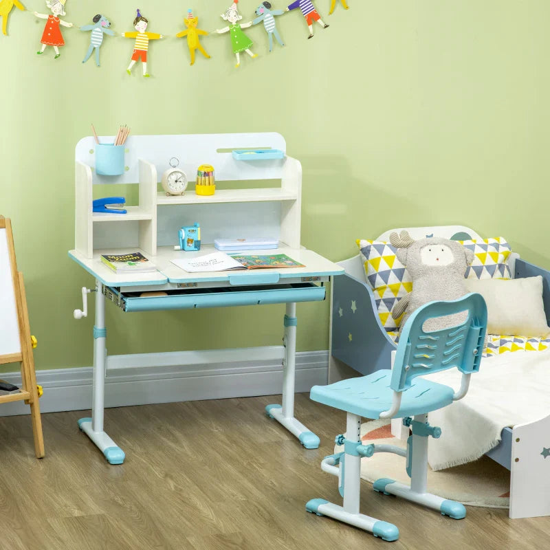 Conjunto de Secretária e Cadeira para Crianças acima de 3 Anos com Altura Ajustável Secretária Infantil com Bancada Inclinável Gaveta e Prateleira para Livros 80x52x88x109cm e 35,5x44,5x66-80cm Azul