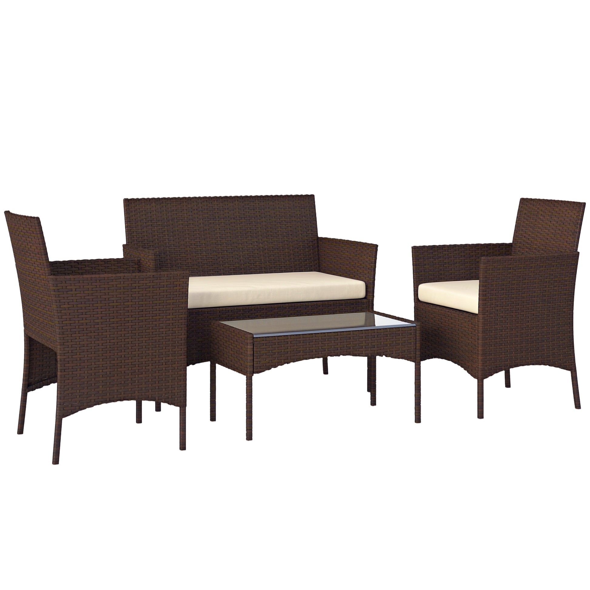 Conjunto de Jardim em Vime com Almofadas Conjunto de Exterior Resistente às Intempéries Móveis de Exterior com 2 Poltronas Sofá de 2 Lugares Mesa com Vidro Marrom e Bege