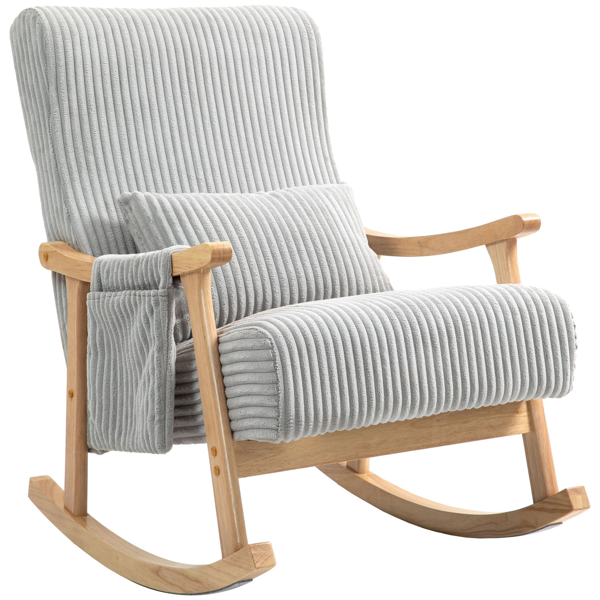 Poltrona Baloiço Moderna em Veludo Cotelê com Pés e Apoio para os Braços com Madeira de Faia Almofada Lombar e Bolso Poltrona de Amamentação Carga 120 kg para Dormitório Sala de Estar 65x90x98 cm Cinza - A minha loja