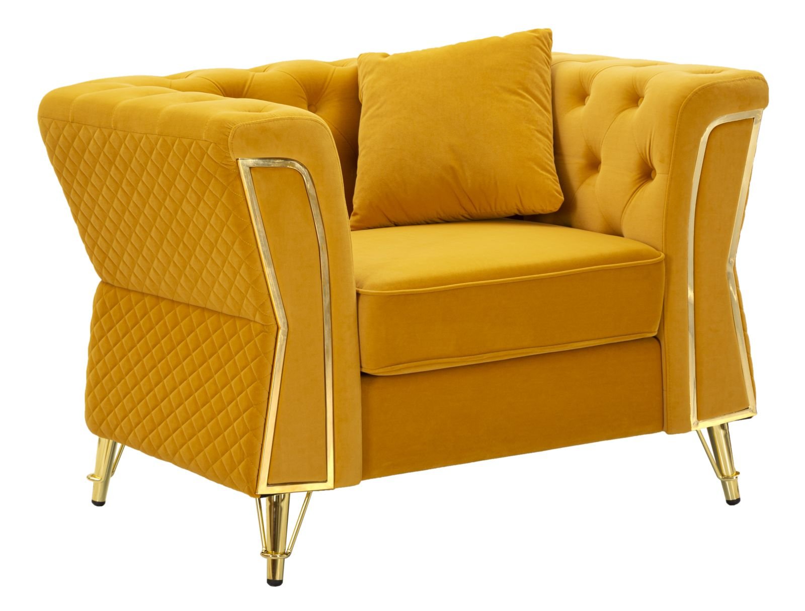 Poltrona Emy Mustard com Almofada - Madeira e Veludo Mostarda com Pernas Douradas - 104 cm x 83 cm x 76 cm - A minha loja