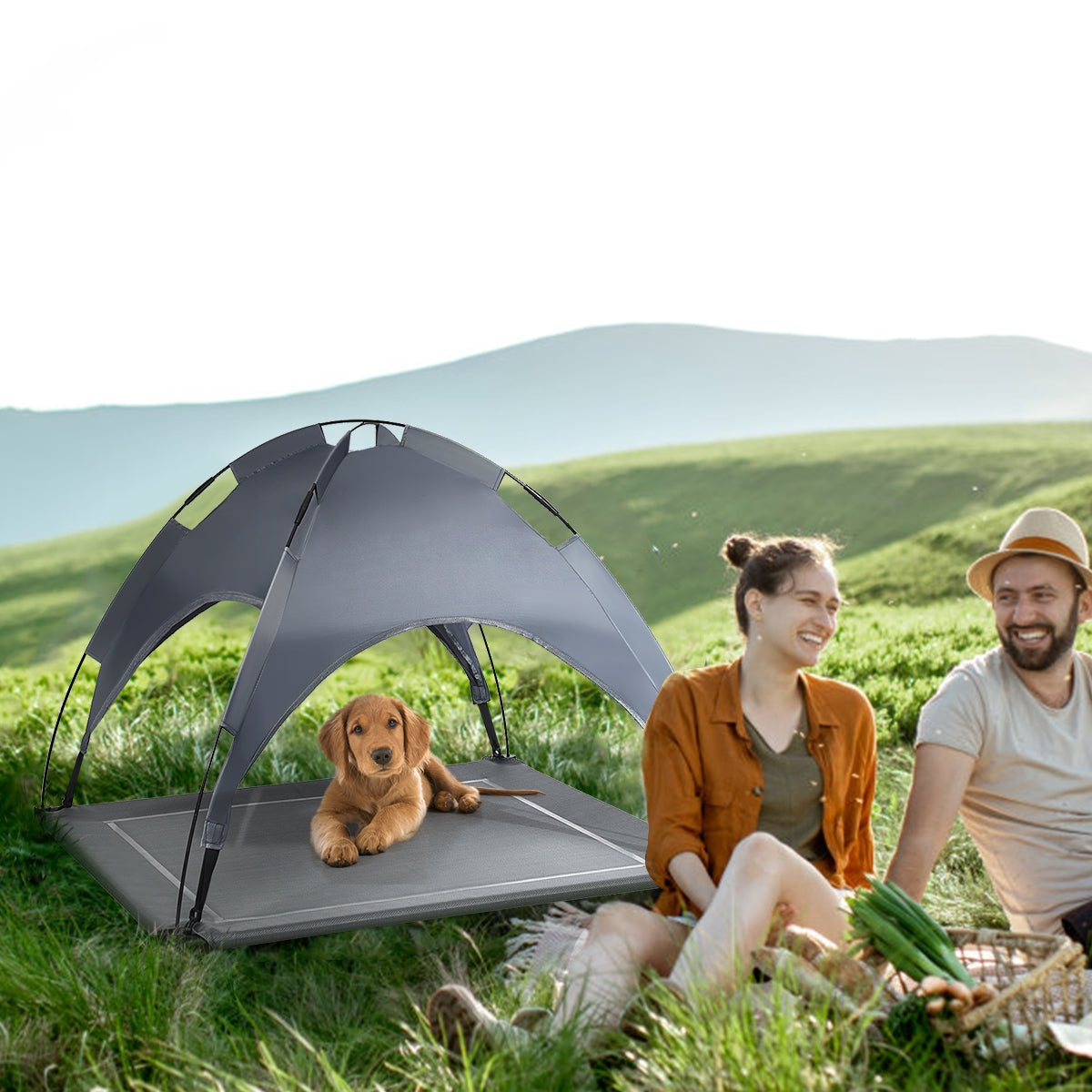 Cama para Cães Leiria com Toldo Desmontável – 90x81x86 cm – Estrutura Elevada e Resistente para Jardim, Praia ou Campismo