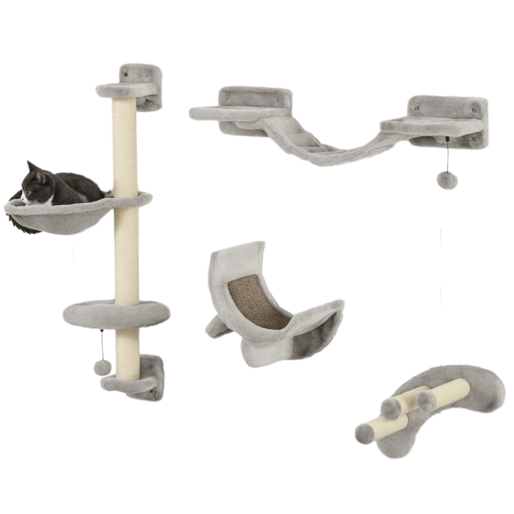 PawHut Conjunto de Prateleiras para Gatos de 4 Peças Arranhador de Parede para Gatos com Rede Postes Arranhadores Escada Suave e Plataformas Cinza