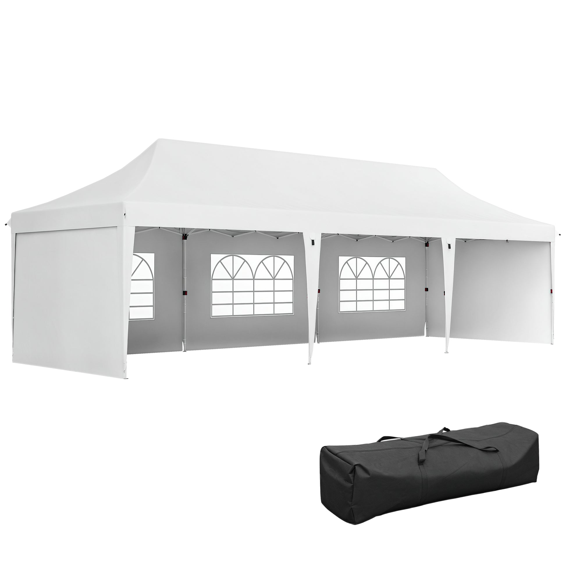 Tenda Dobrável 876x294x310 cm Tenda de Jardim com Altura Ajustável Paredes Laterais Janelas Proteção UV50+ Impermeável e Bolsa de Transporte Tenda para Exterior Festas Campismo Branco