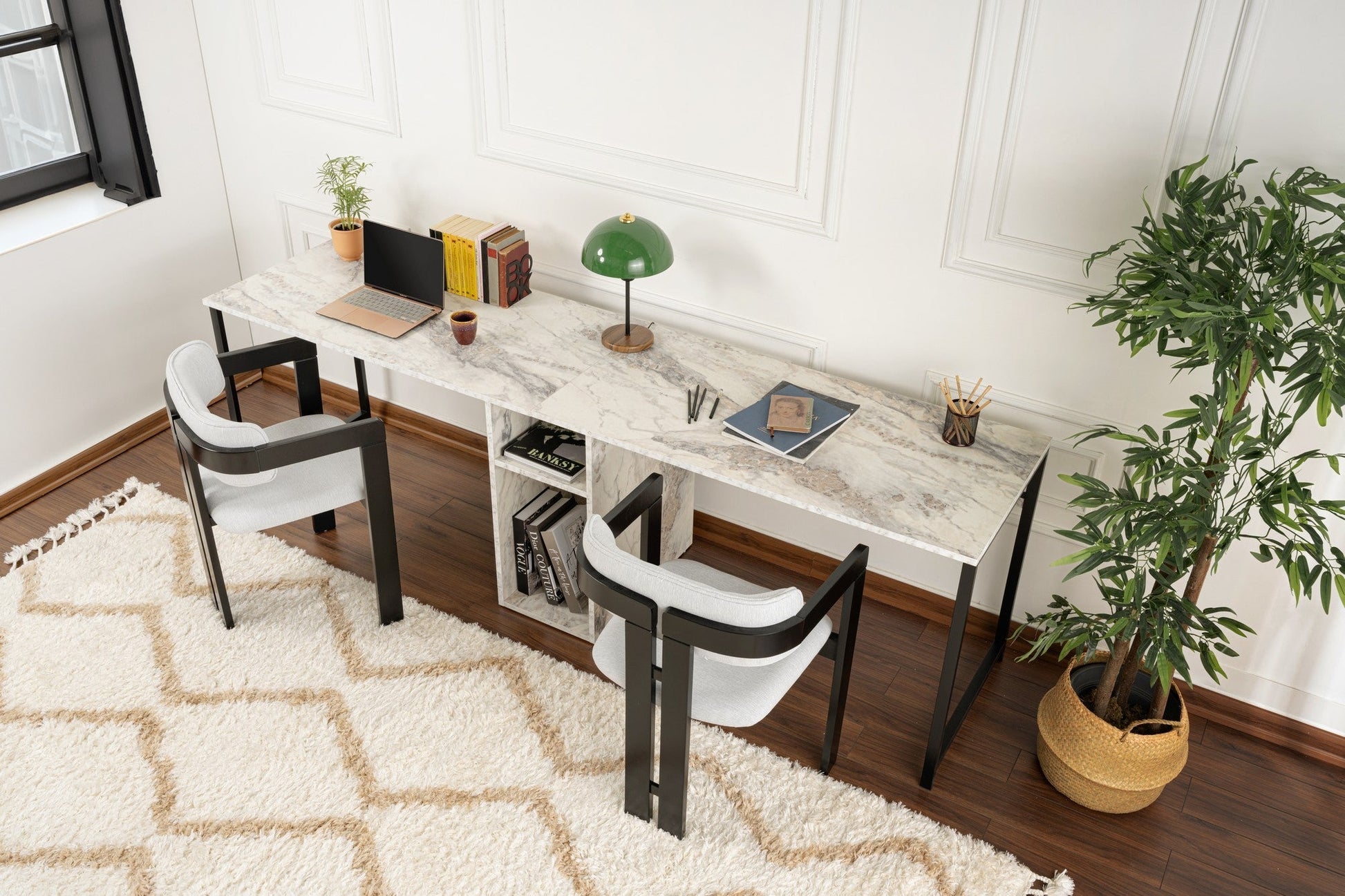 Secretária Dupla "Twin Study Desk" – Mármore Fressia e Preto, 240x60x74 cm, Design Moderno - A minha loja