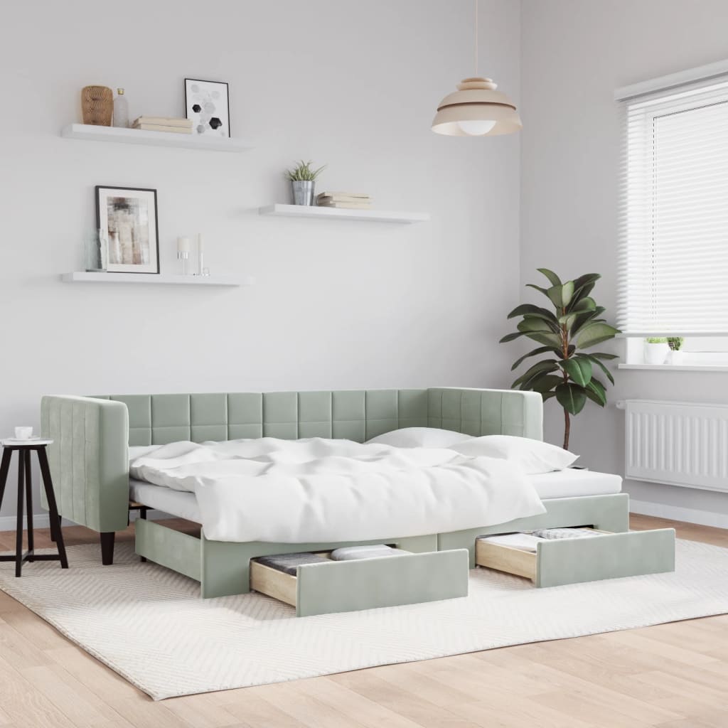 Sofá - cama c/ gavetão e gavetas 80x200 cm veludo cinzento - claro - A minha loja