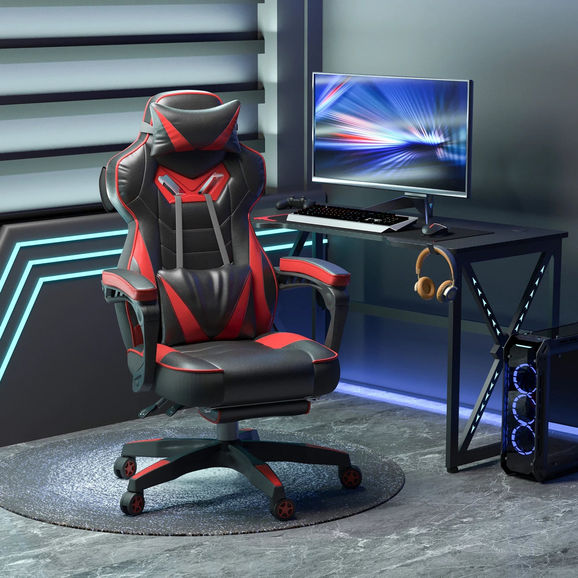 Cadeira de escritorio gaming ergonômica Altura ajustável Reclinável Encosto com apoio para pés Encosto de cabeça Almofada lombar Rodas 65x70x118,5-126,5 cm Vermelho e Preto