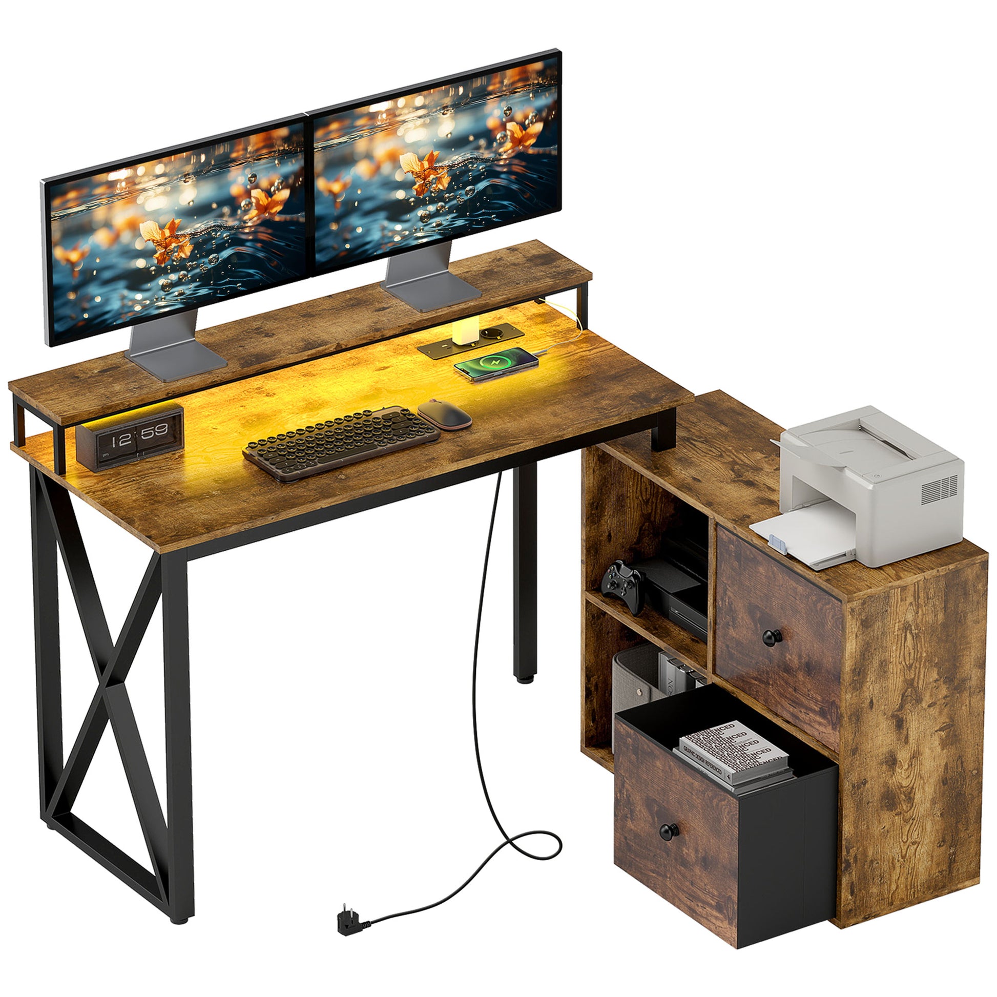 Secretária de Canto com Luzes LED Secretária com Estação de Carga 2 Compartimentos 2 Gavetas de Tela Controlo Remoto Suporte para Monitor para Sala de Estar Escritório Castanho Rústico