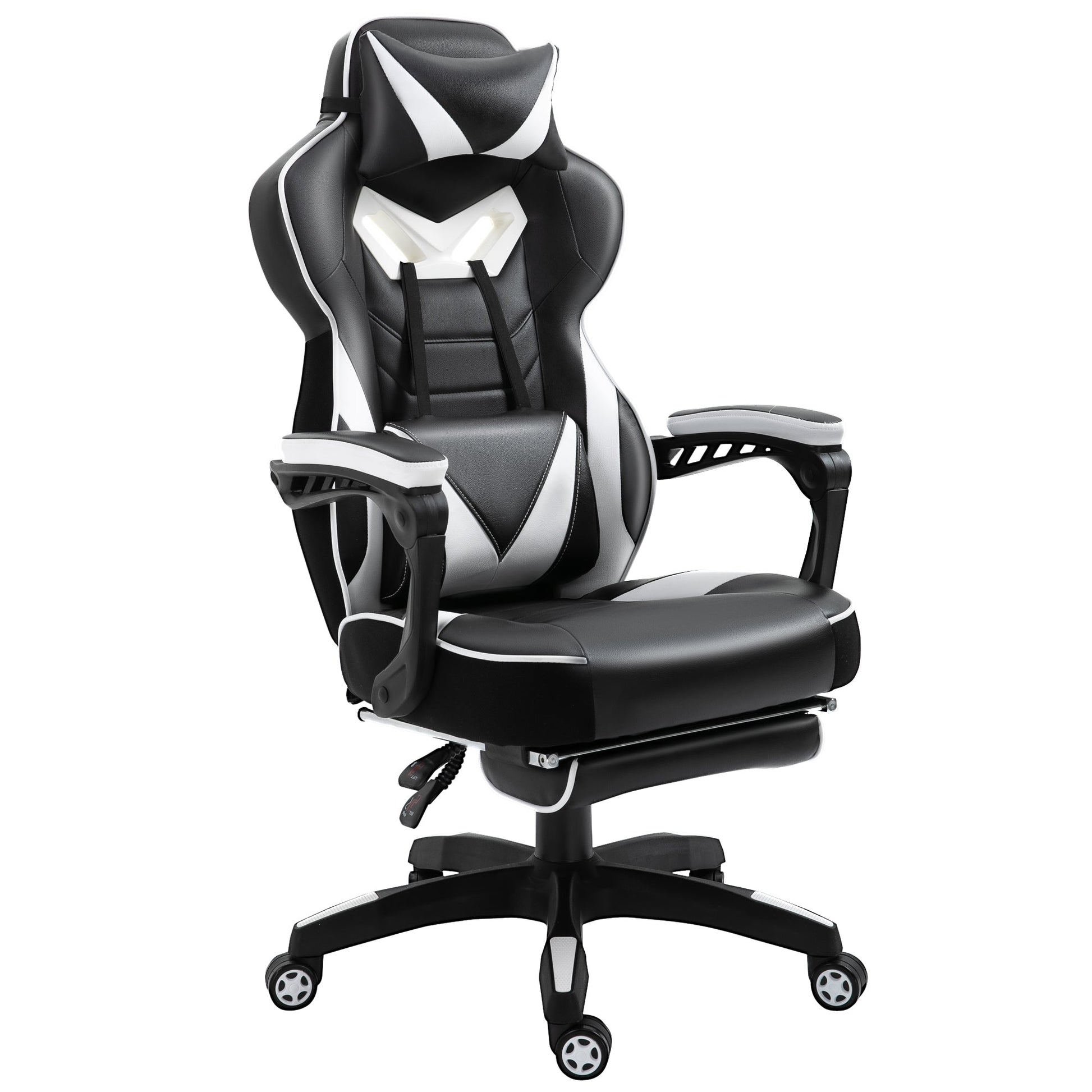 Cadeira de escritorio gaming ergonômica Altura ajustável Reclinável Encosto com apoio para pés Encosto de cabeça Almofada lombar Rodas 65x70x118,5-126,5 cm Branco e Preto