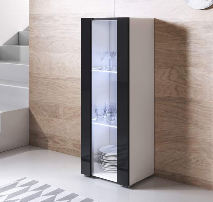 Vitrine Alta Fajões – 40x128 cm – Branco e Preto com LED Azul – Com Pés