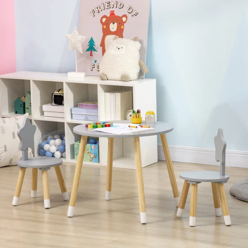 Conjunto de Mesa e 2 Cadeiras de Madeira para Crianças com Mesa Redonda Ø59x50cm e Cadeiras Ø28x51 Mobiliário Infantil para Sala de Jogos Quarto Cinza e Madeira