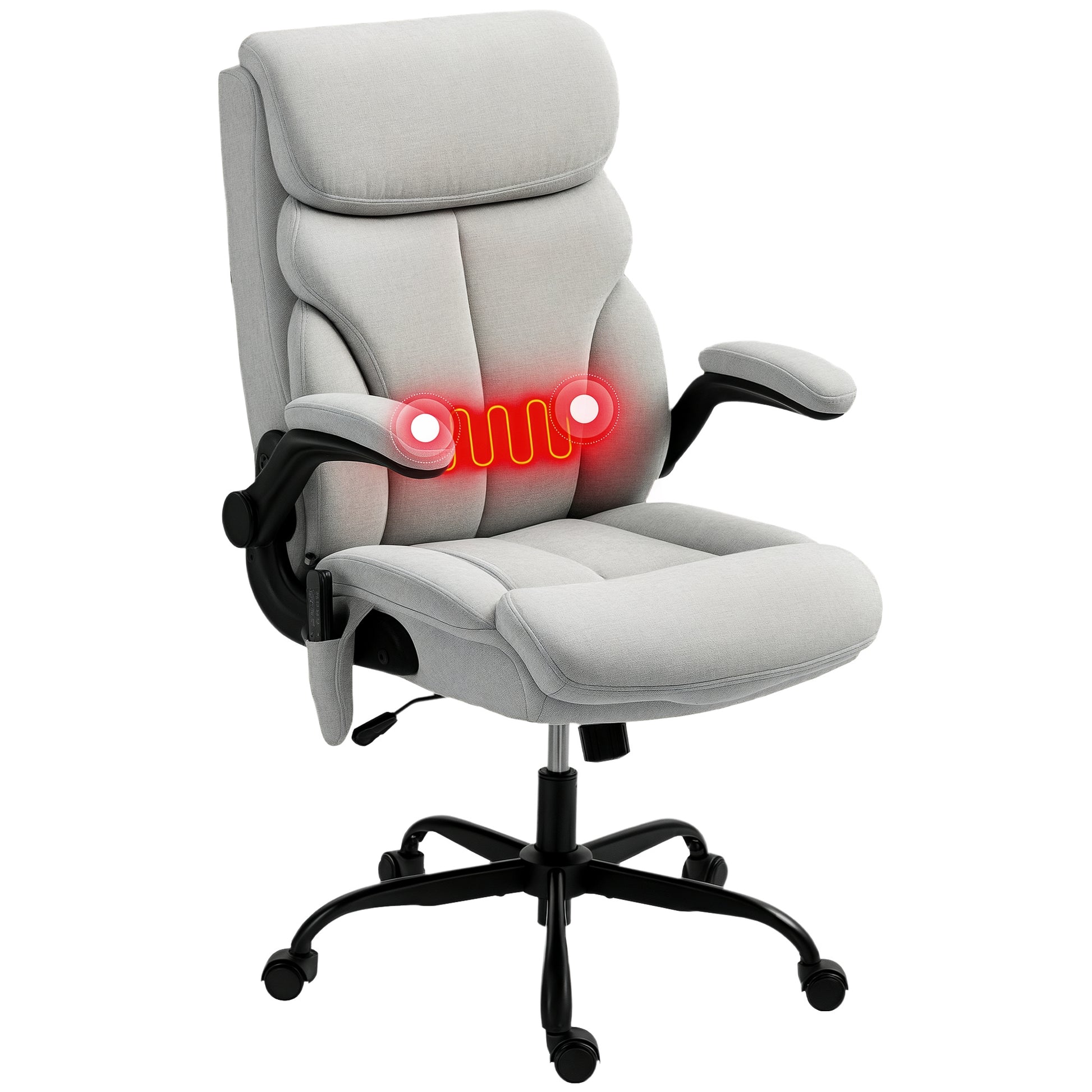 Cadeira de Escritório com Massagem Cadeira Giratória com Altura Ajustável Função de Aquecimento Apoios de Braços Rebatíveis Encosto Alto e Controlo Remoto 66x67x113-121 cm Cinzento