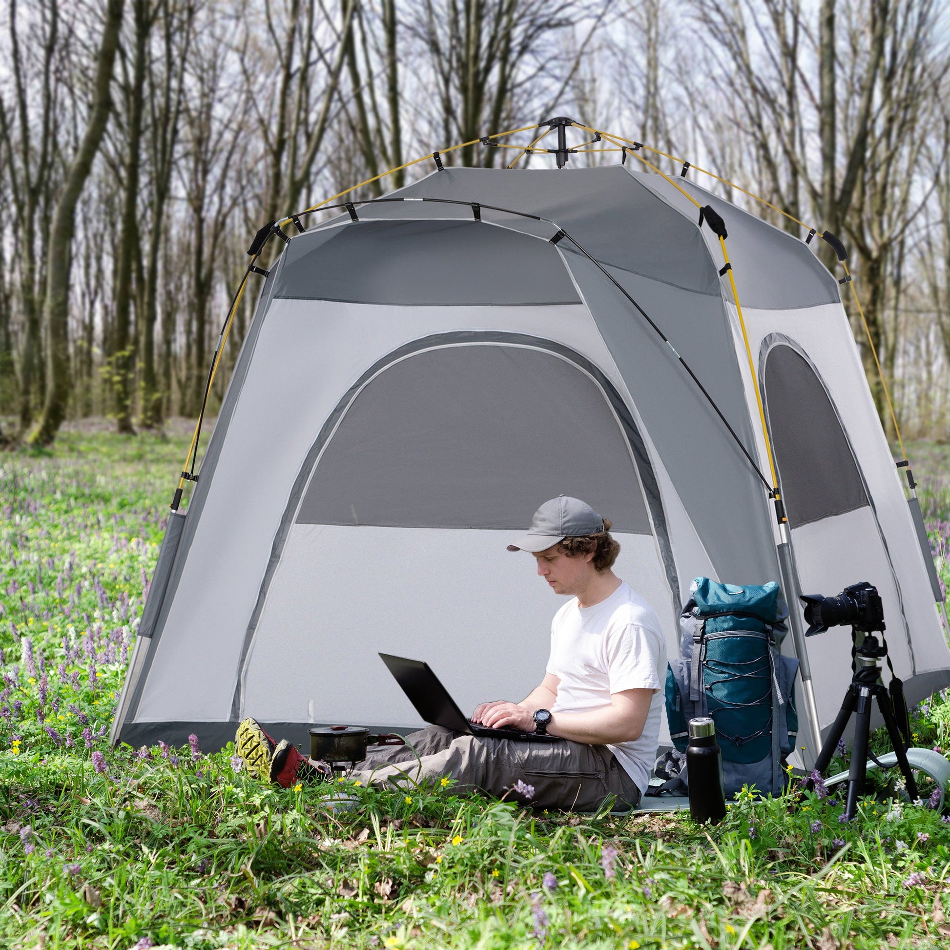 Tenda de Campismo para 2 Pessoas Tenda de Campismo Pop UP com 4 Janelas 2 Bolsos de Armazenamento e Bolsa de Transporte 240x240x199 cm Cinza