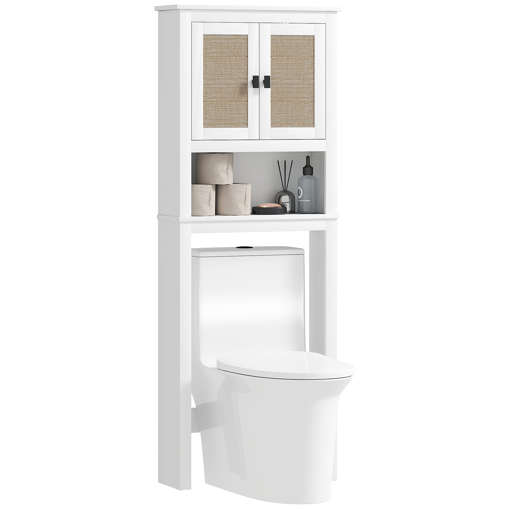 Móvel sobre Sanita Armário sobre Sanita com 2 Portas com Frente em Vime Compartimento e Prateleira Ajustável Móvel Casa de Banho 60x19,5x160 cm Branco