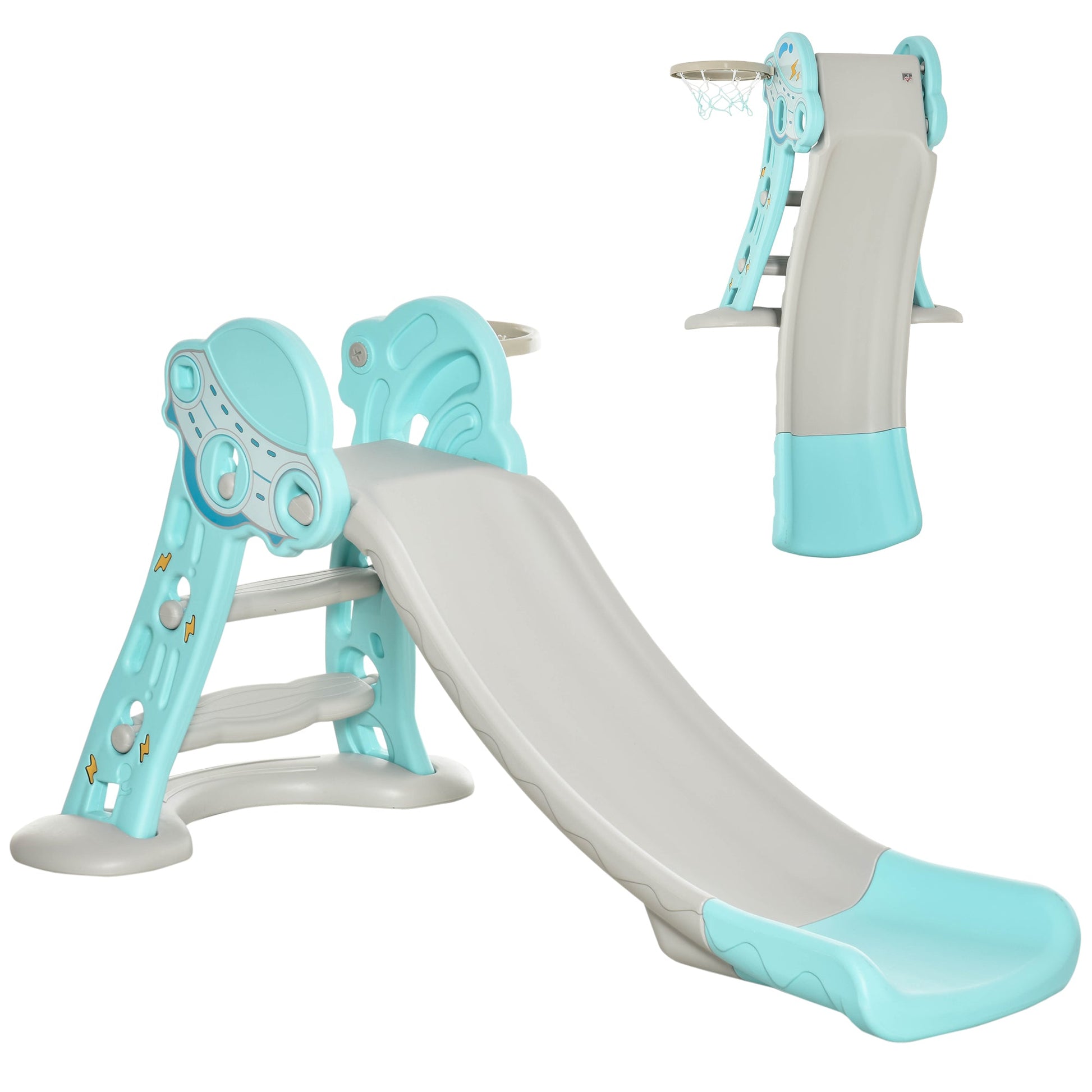 Escorrega Infantil Dobrável com Cesta de Basquetebol para Crianças acima de 18 meses Modelo Disco Voador para Interiores e Exteriores 140x87x75cm Azul e Cinza