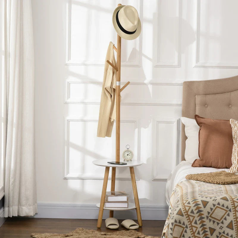 Cabide de Pé de Bambu 2 em 1 Cabide de Pé com 2 Prateleiras 5 Ganchos para Roupas Bolsas e Estrutura de Alumínio para Entrada Dormitório 39x5x39,5x71cm Madeira e Branco