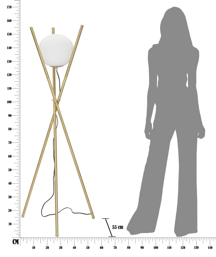 Candeeiro de Pé Glamy X – Estilo Glamour, Estrutura em Metal Dourado com Globo de Vidro Branco, Ø55x155 cm