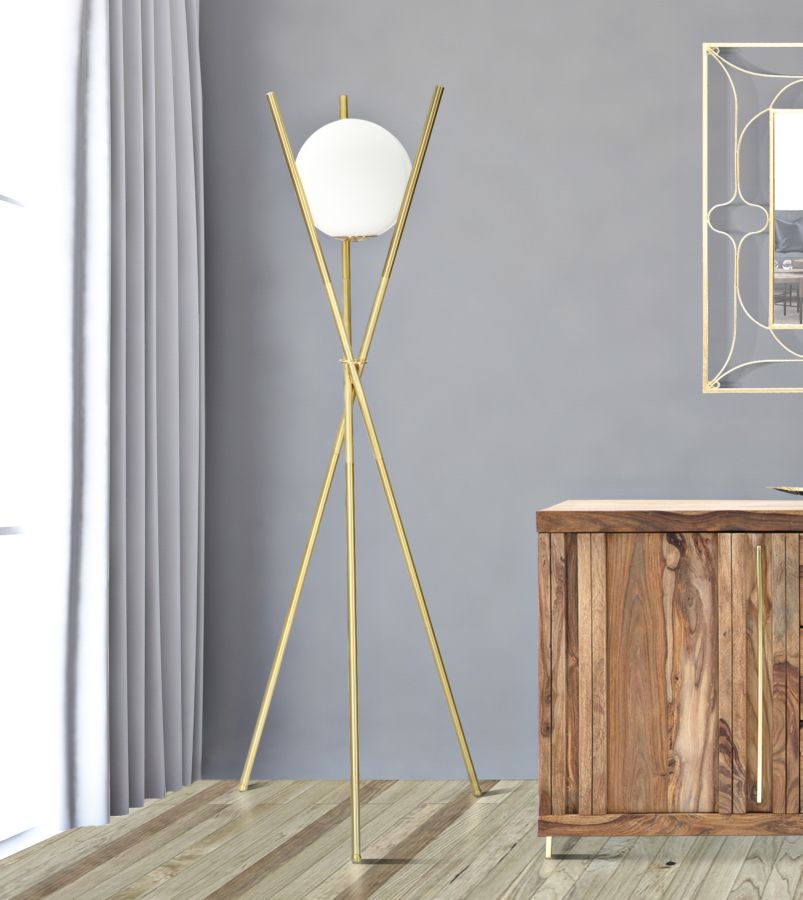 Candeeiro de Pé Glamy X – Estilo Glamour, Estrutura em Metal Dourado com Globo de Vidro Branco, Ø55x155 cm