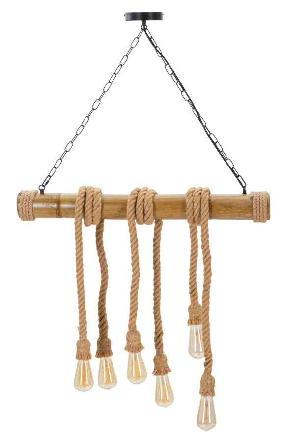 Candeeiro de Teto Boho Chic - Metal, Bambu e Corda - 120 cm - 6 Pontos de Luz