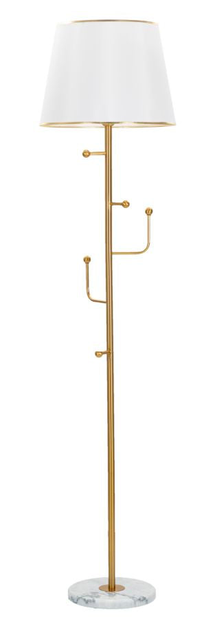 Candeeiro de Pé Glam - Metal Dourado com Base em Mármore e Abajur Branco - 173 cm - 5 Ganchos