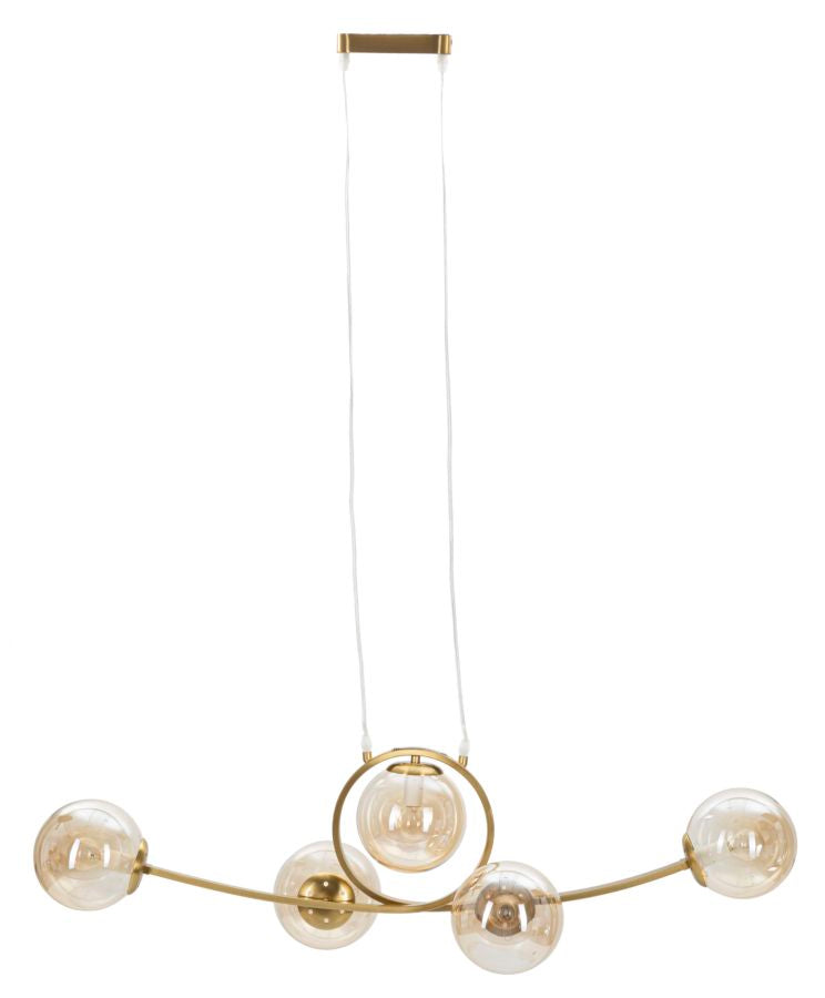 Candeeiro de Teto "Japan" — 100x33x30 cm — Ferro Dourado e Esferas de Vidro Branco