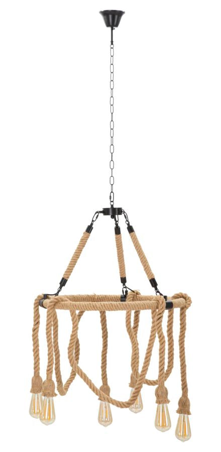 Candeeiro de Teto Boho Chic - Metal e Corda em Formato Redondo - 90 cm - 6 Pontos de Luz