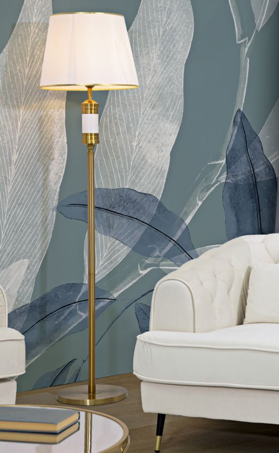Candeeiro de Pé "Whity" — Ø 41x160 cm — Ferro Dourado e Abat-jour Branco com Borda Dourada