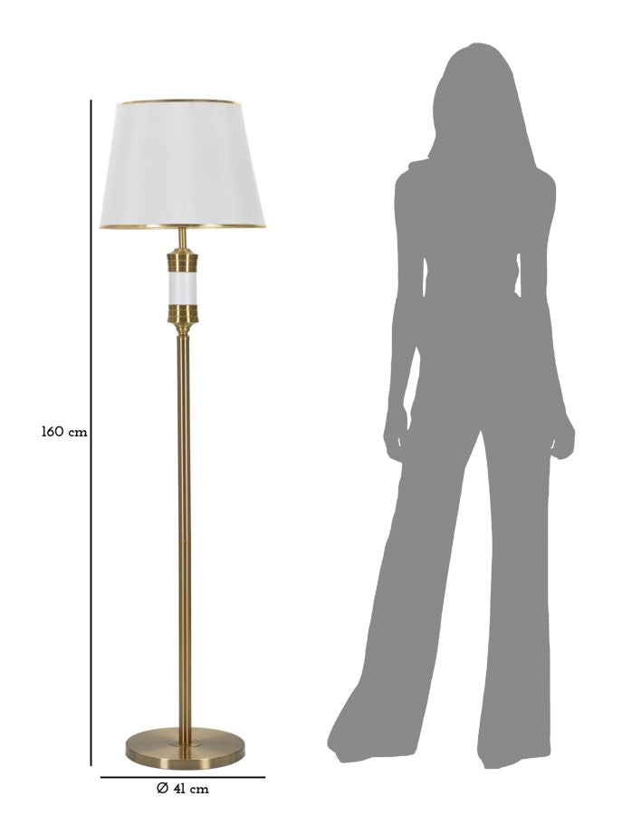 Candeeiro de Pé "Whity" — Ø 41x160 cm — Ferro Dourado e Abat-jour Branco com Borda Dourada