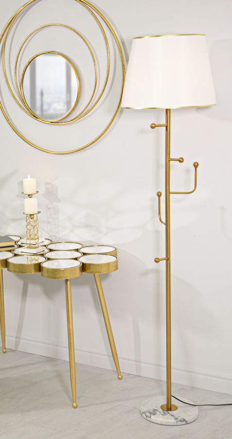 Candeeiro de Pé Glam - Metal Dourado com Base em Mármore e Abajur Branco - 173 cm - 5 Ganchos