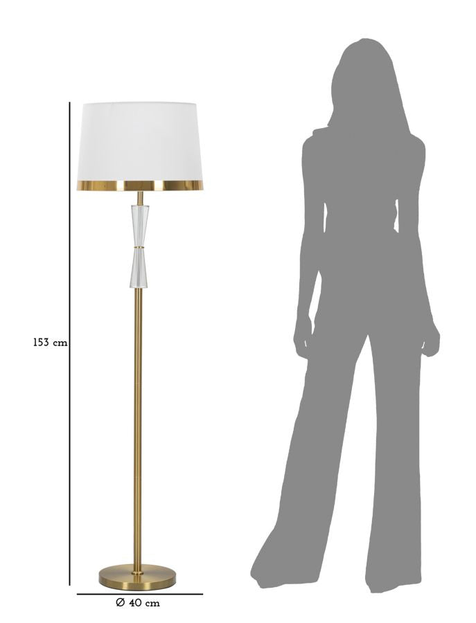 Candeeiro de Pé "Cristal" — Ø 40x153 cm — Ferro Dourado, Vidro Transparente e Abat-jour Branco com Borda Dourada