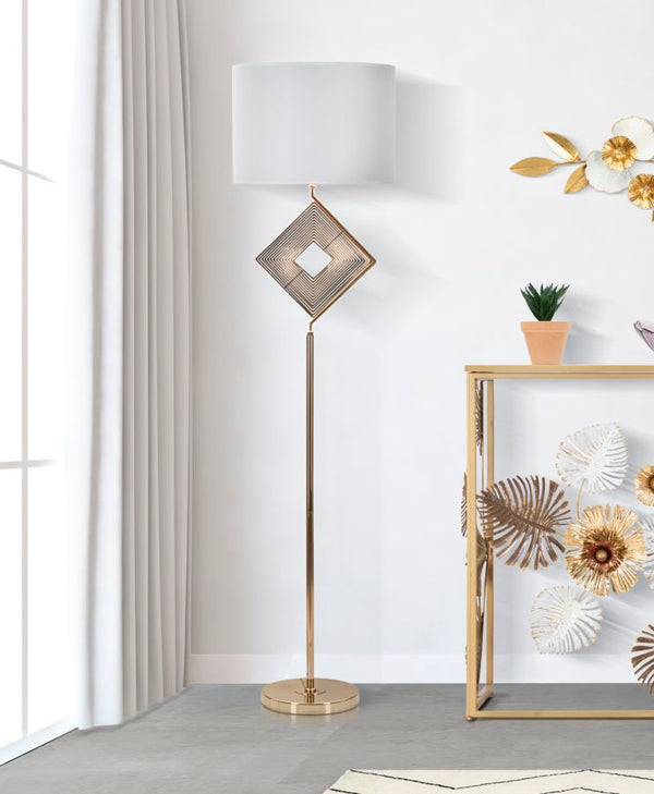 Candeeiro de Pé "Move" — Ø 40x161 cm — Ferro Dourado e Abat-jour Branco com Borda Dourada