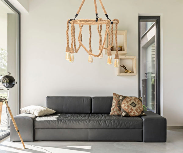 Candeeiro de Teto Boho Chic - Metal e Corda em Formato Redondo - 90 cm - 6 Pontos de Luz