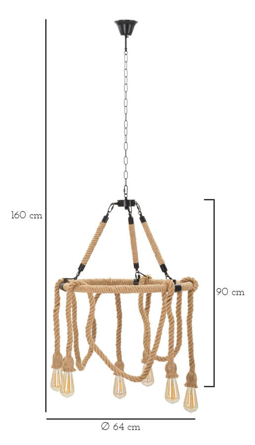 Candeeiro de Teto Boho Chic - Metal e Corda em Formato Redondo - 90 cm - 6 Pontos de Luz