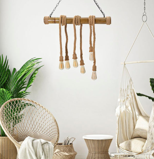 Candeeiro de Teto Boho Chic - Metal, Bambu e Corda - 120 cm - 6 Pontos de Luz