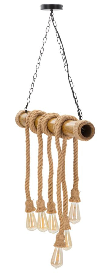 Candeeiro de Teto Boho Chic - Metal, Bambu e Corda - 120 cm - 6 Pontos de Luz