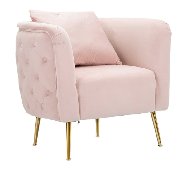 Poltrona "Bucarest" – Poltrona Estofada Rosa com Pernas Douradas e Almofada (76 x 74 x 73 cm)