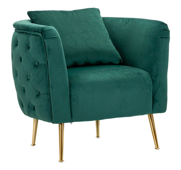 Poltrona "Bucarest" – Poltrona Estofada Verde com Pernas Douradas e Almofada (76 x 74 x 73 cm)