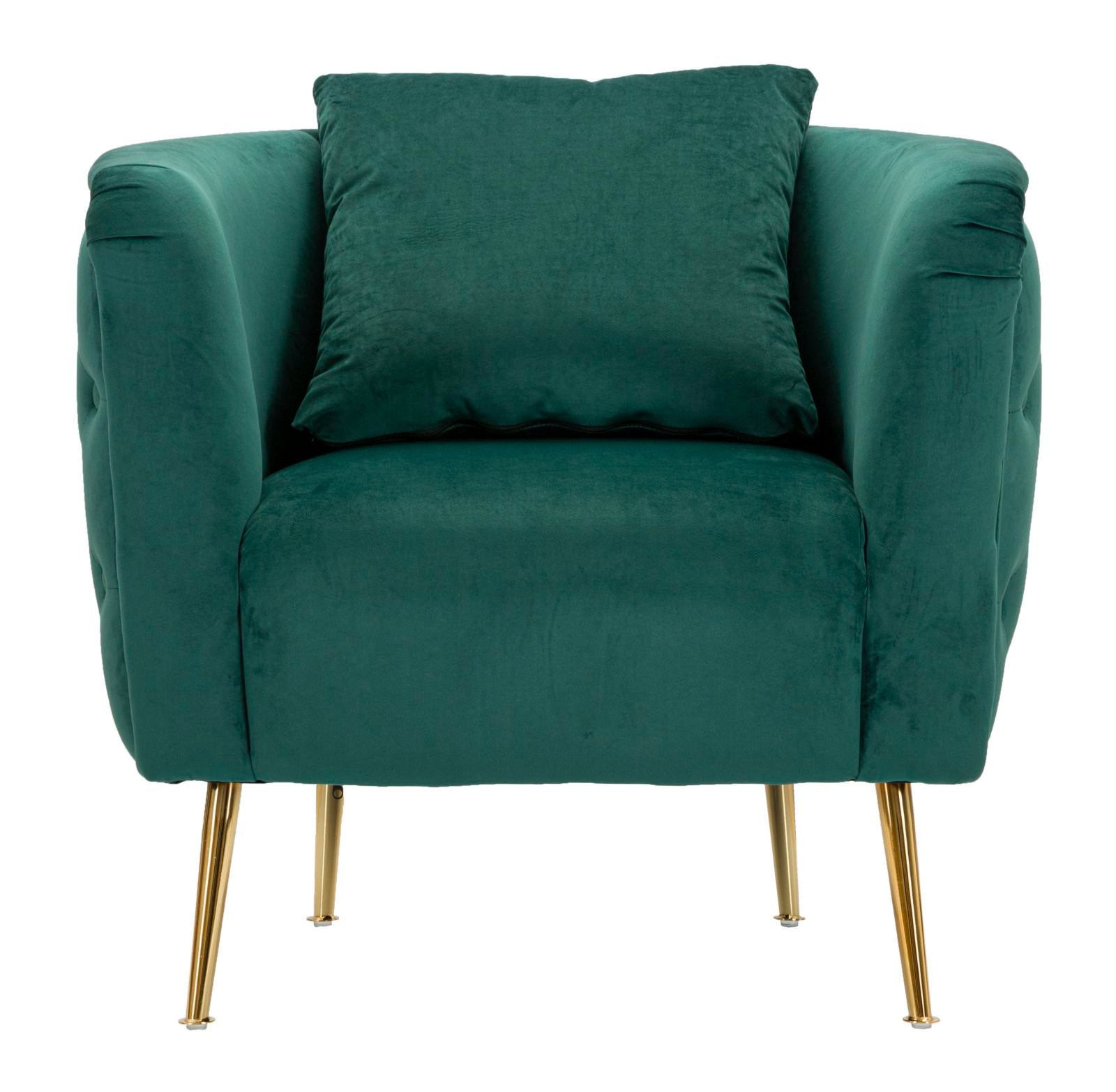Poltrona "Bucarest" – Poltrona Estofada Verde com Pernas Douradas e Almofada (76 x 74 x 73 cm)