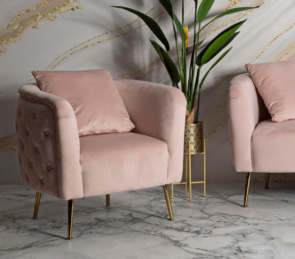 Poltrona "Bucarest" – Poltrona Estofada Rosa com Pernas Douradas e Almofada (76 x 74 x 73 cm)