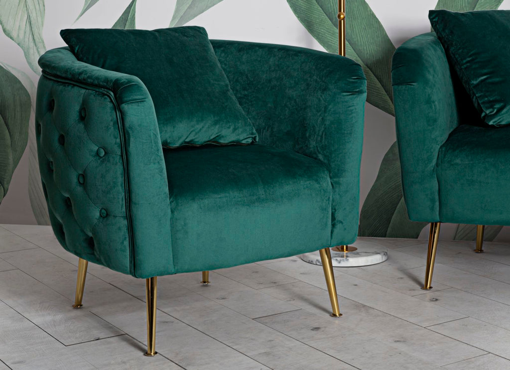 Poltrona "Bucarest" – Poltrona Estofada Verde com Pernas Douradas e Almofada (76 x 74 x 73 cm)