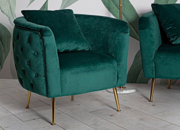 Poltrona "Bucarest" – Poltrona Estofada Verde com Pernas Douradas e Almofada (76 x 74 x 73 cm)