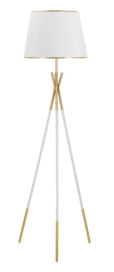 Candeeiro de Pé "Triply" — Ø 61x154 cm — Ferro Branco e Dourado com Abat-jour Branco e Borda Dourada