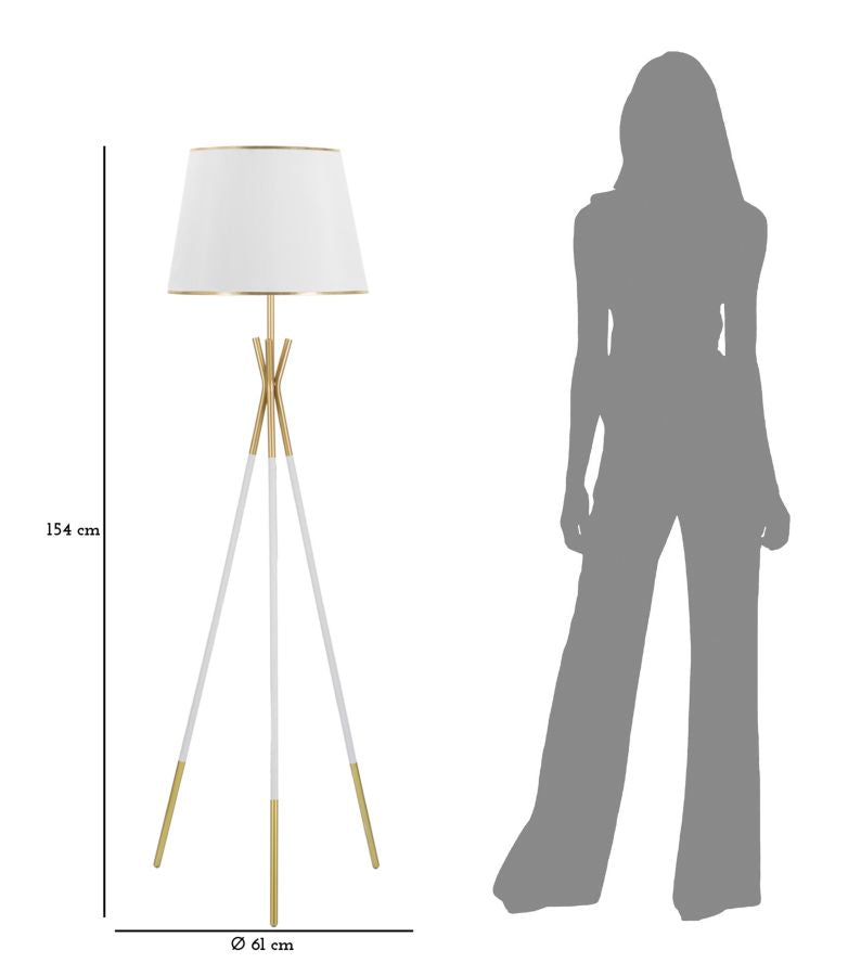 Candeeiro de Pé "Triply" — Ø 61x154 cm — Ferro Branco e Dourado com Abat-jour Branco e Borda Dourada