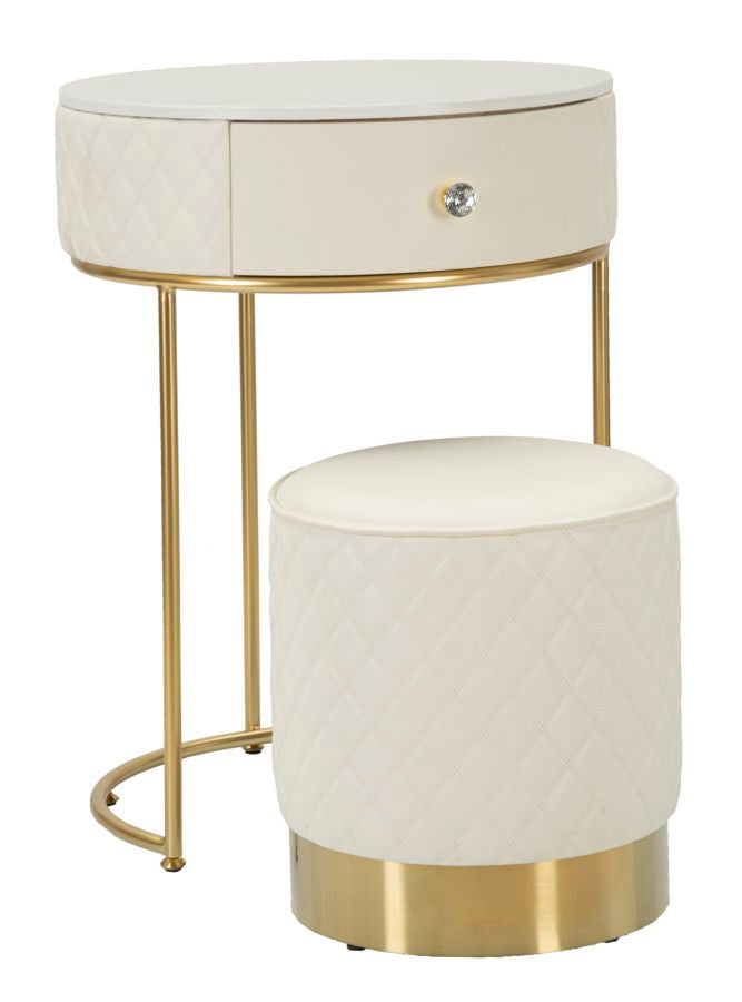 Toucador Alto Sharon com Puff - Madeira e MDF Branco com Detalhes Dourados - Ø 52 cm x 70 cm (Puff Ø 36 cm x 39 cm)