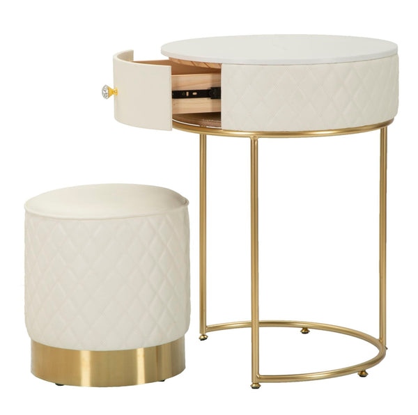 Toucador Alto Sharon com Puff - Madeira e MDF Branco com Detalhes Dourados - Ø 52 cm x 70 cm (Puff Ø 36 cm x 39 cm)