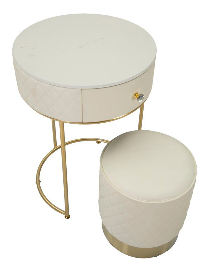Toucador Alto Sharon com Puff - Madeira e MDF Branco com Detalhes Dourados - Ø 52 cm x 70 cm (Puff Ø 36 cm x 39 cm)