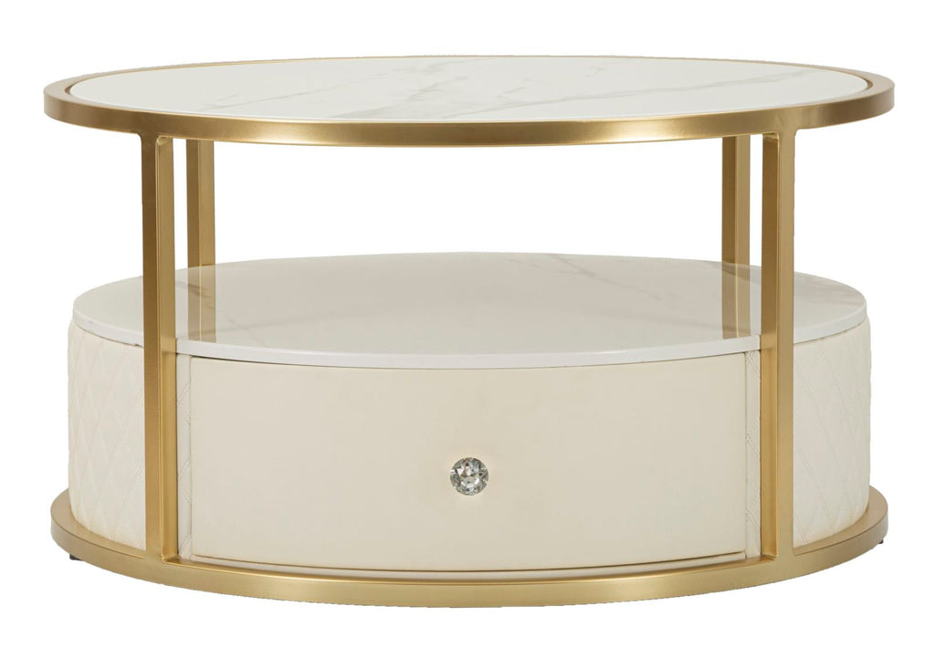 Mesa de Centro Sharon - Couro Sintético Branco e Estrutura Dourada - Ø 75 cm x 40 cm