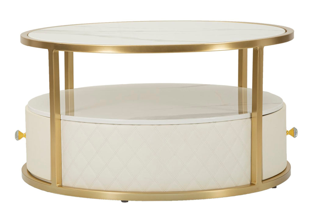 Mesa de Centro Sharon - Couro Sintético Branco e Estrutura Dourada - Ø 75 cm x 40 cm