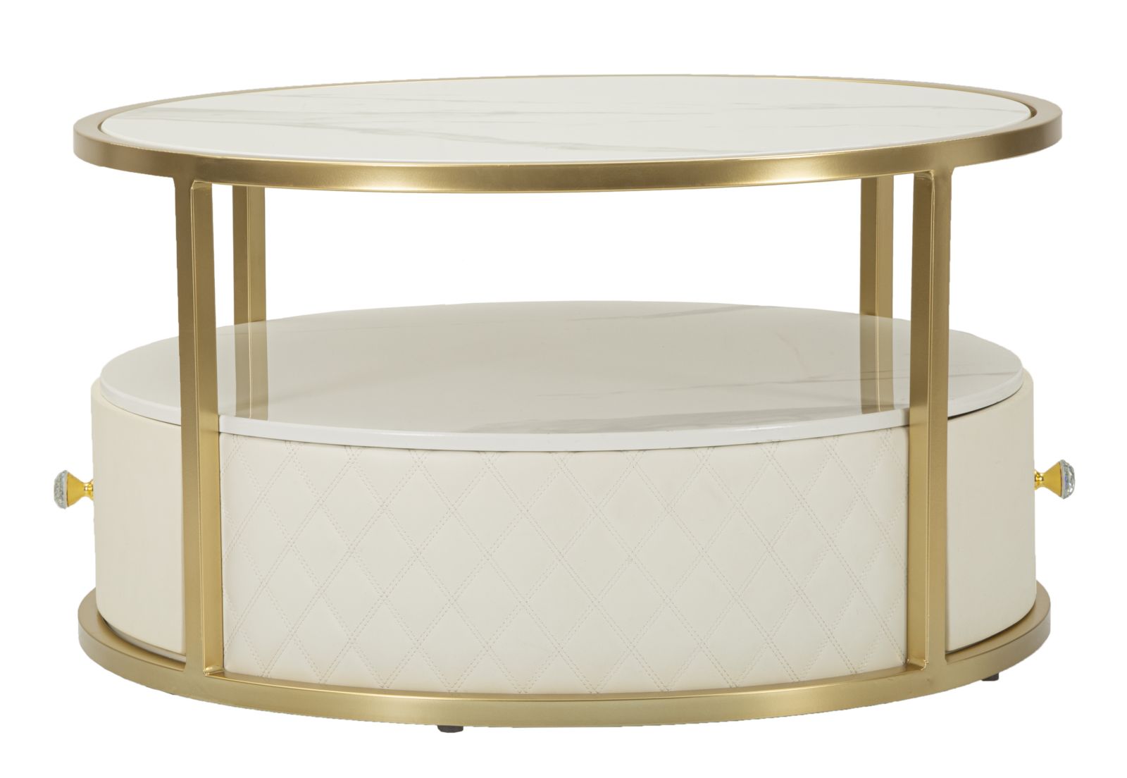 Mesa de Centro Sharon - Couro Sintético Branco e Estrutura Dourada - Ø 75 cm x 40 cm