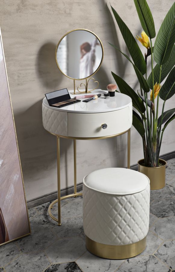 Toucador Alto Sharon com Puff - Madeira e MDF Branco com Detalhes Dourados - Ø 52 cm x 70 cm (Puff Ø 36 cm x 39 cm)