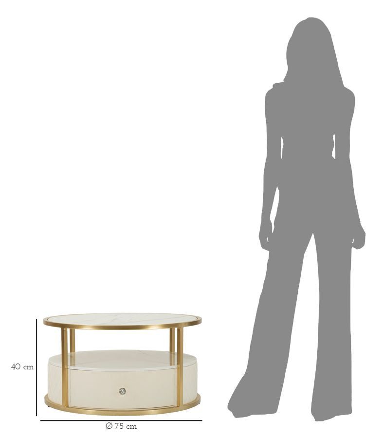 Mesa de Centro Sharon - Couro Sintético Branco e Estrutura Dourada - Ø 75 cm x 40 cm